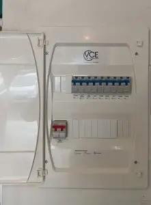 A modern, neatly organized electrical switchboard upgrade in Hamilton by Volt City Electrical, featuring a full row of Voltex RCBOs for complete family safety and AS/NZS 3000 compliance